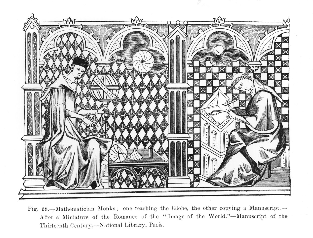 Mathematiker-Mönche: einer lehrt den Globus, der andere kopiert ein Manuskript, aus dem Manuskript Bild der Welt, Illustration aus Wissenschaft und Literatur im Mittelalter und der Renaissance von French School