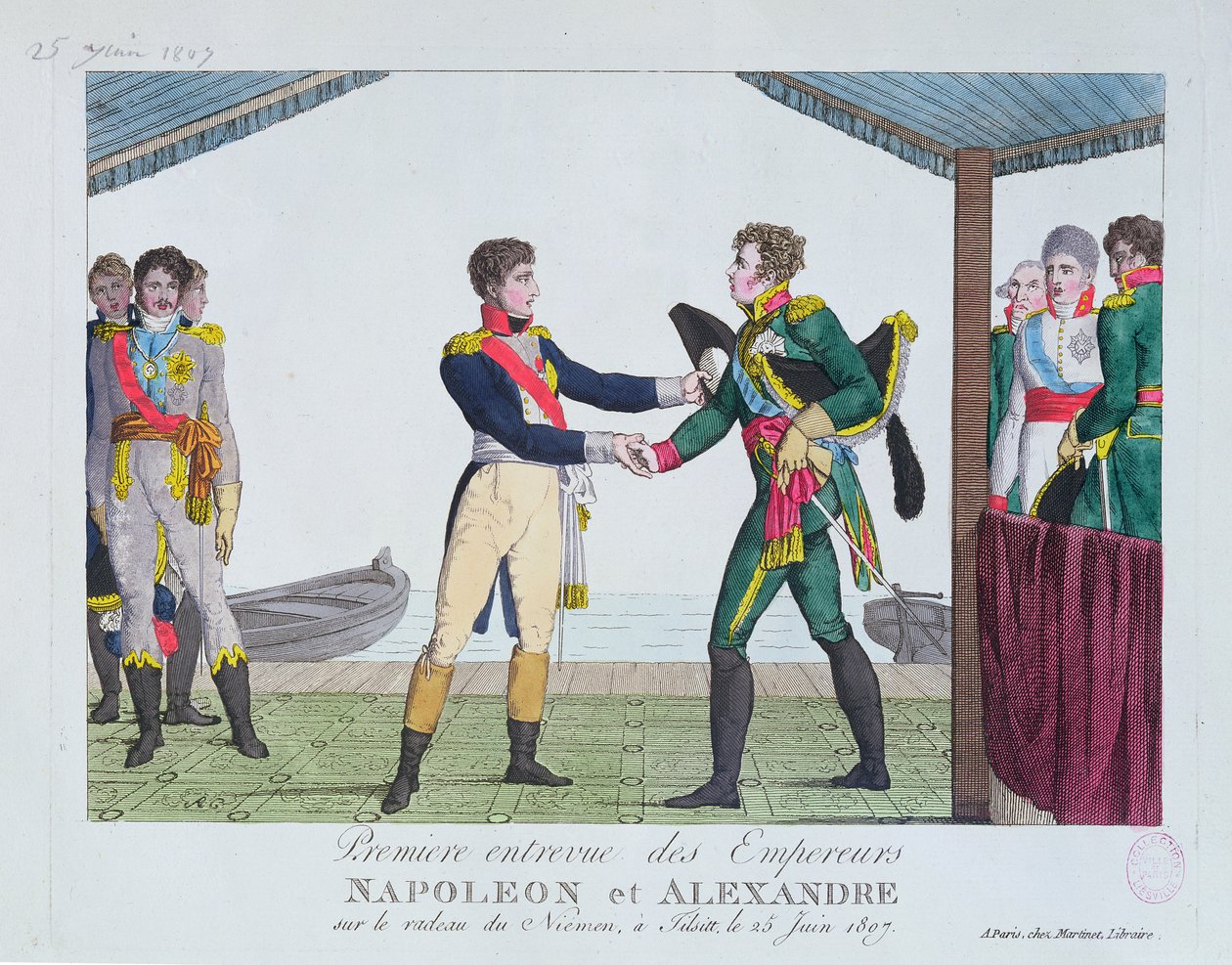 Treffen zwischen Napoleon I. und Alexander I. in Tilsit, 25. Juni 1807 von French School