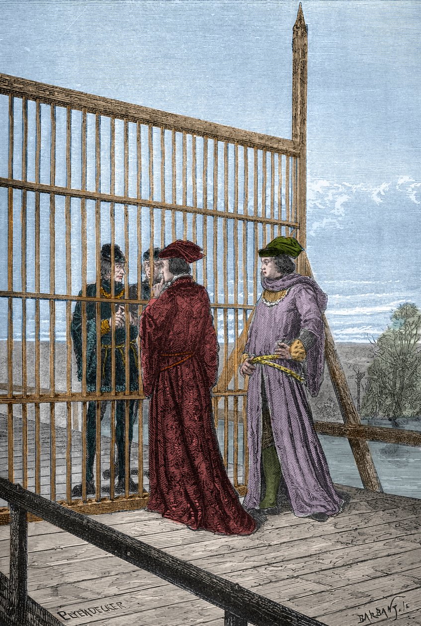 Treffen von König Edward IV. und Ludwig XI. von Frankreich in Pecquigny - Vertrag von Picquigny (Département der Somme) am 29. August 1475 zwischen Ludwig XI. und Edward IV. beendet den Hundertjährigen Krieg - Gravur in „L