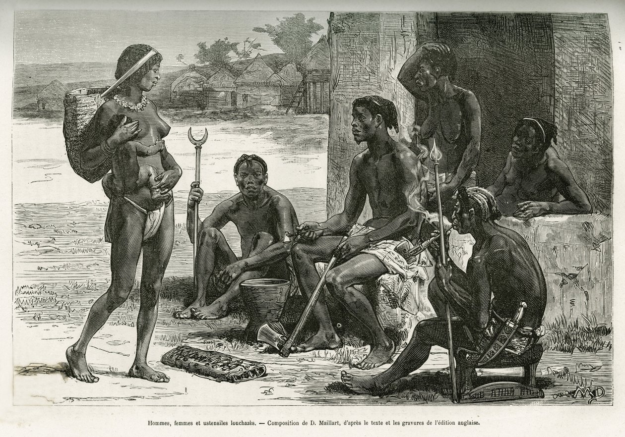 Männer, Frauen und Utensilien (Bihe-Region, Ruanda). Gravur von D. Maillart, zur Illustration der Geschichte, wie ich Afrika überquerte, vom Atlantischen Ozean zum Indischen Ozean, von Major Serpa Pinto, 1877-1878, veröffentlicht in der Tour du monde, unte von French School