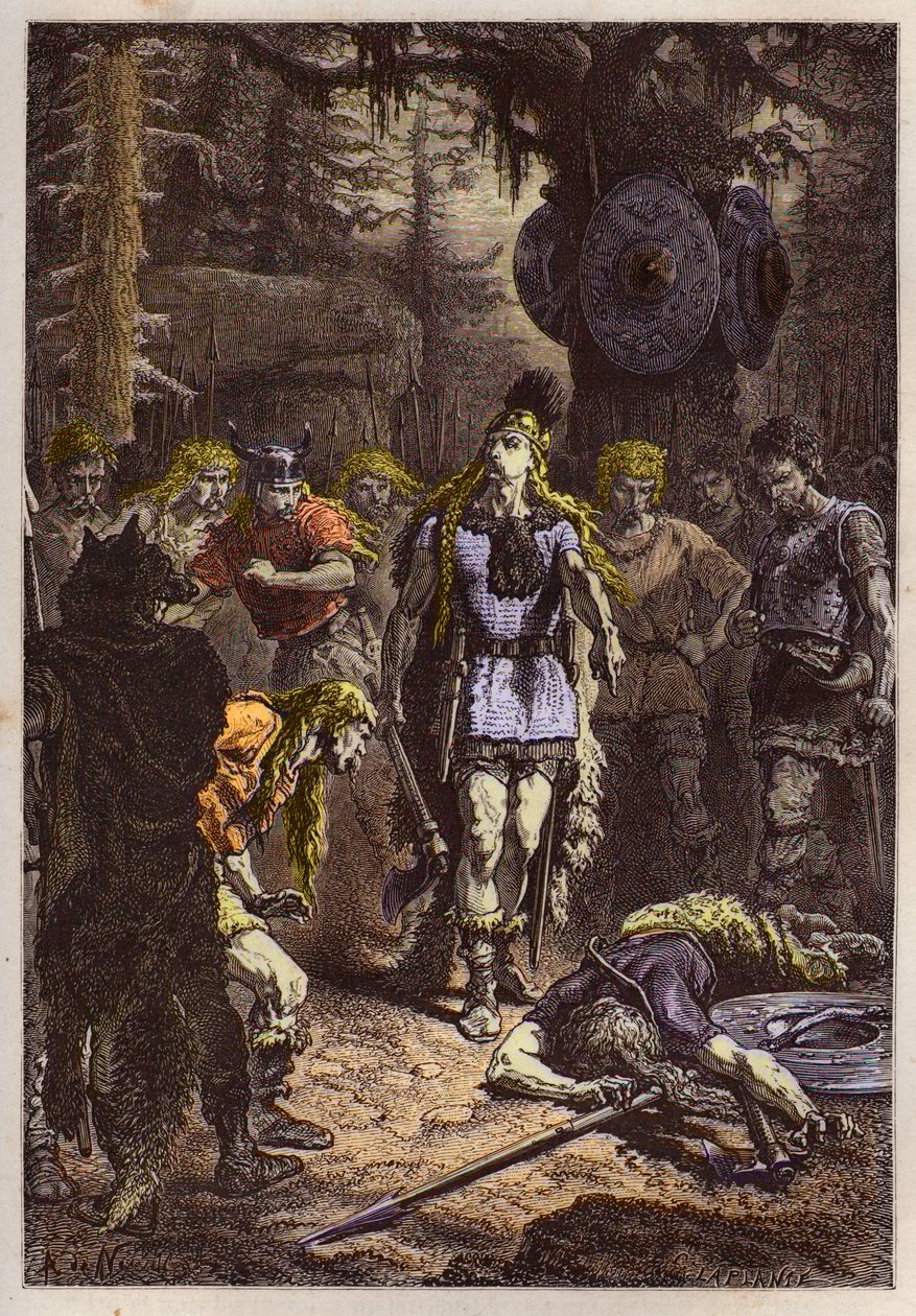 Merowinger: Chlodwig I. erschlägt den Soldaten, der die Vase von Soissons zerbrochen hat, im Jahr 486 - Chlodwig (465-511) und der fränkische Krieger, der die Vase von Soissons im Jahr 486 zerbrochen hat - Gravur aus „L