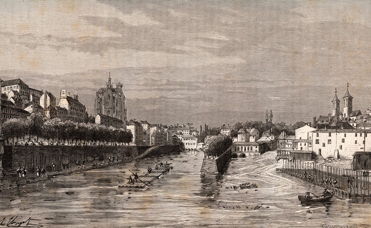 Metz - Blick auf den Hafen Saint-Georges - Moselle - Gravur in „La France illustree: geographie, histoire, administration statistique“ von V.A. Malt-Brown. 1884 von French School