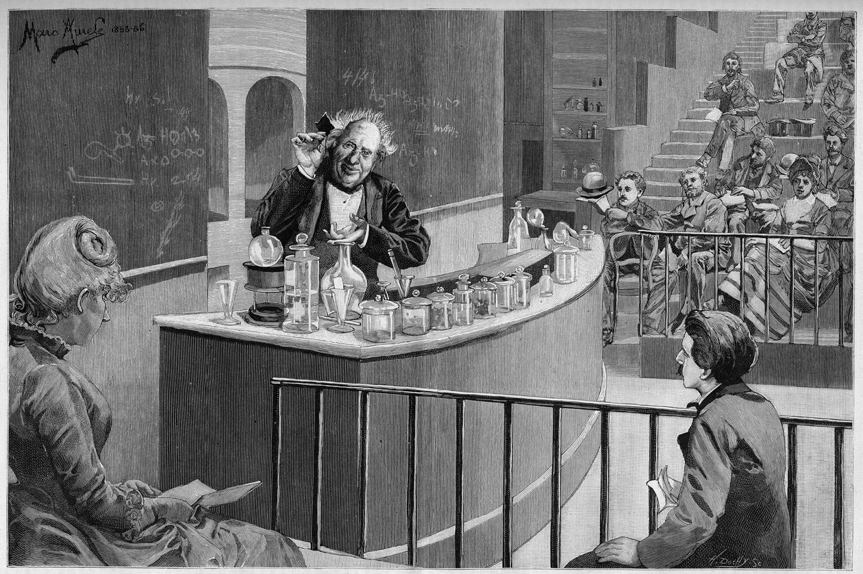 Michel Eugene Chevreul (1786-1889) gibt seinen Chemiekurs im Amphitheater des Naturhistorischen Museums in Paris, in „Die illustrierte Welt“ 1886 von French School