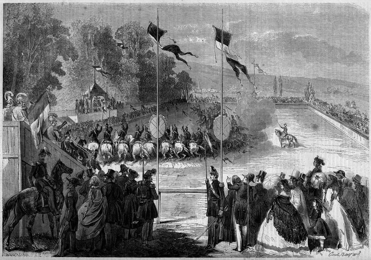 Militärkarussell ausgeführt von den Schülern von Saint Cyr. Morbihan (56), 31. August 1861. Gravur in Le Monde Illustré Nr. 230 vom 7. September 1861 von French School