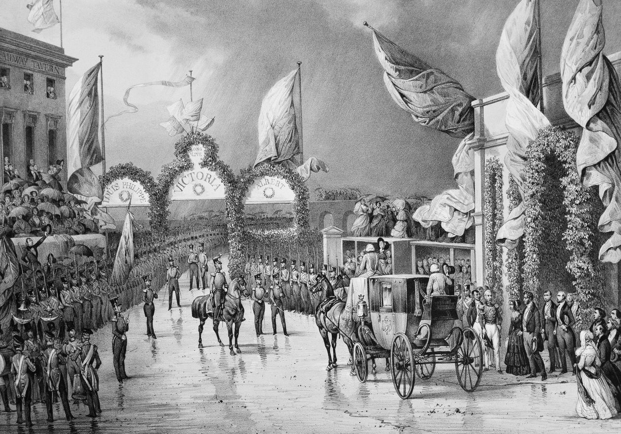 Militärische Ehren für den König in Gosport - Louis Philippe I. (1773-1850), König der Franzosen, Prinz Albert (1819-1861) und Victoria (1819-1901), Königin von England, am Bahnhof von Gosport während der offiziellen Reise von Louis-Philippe nach Großbrita von French School