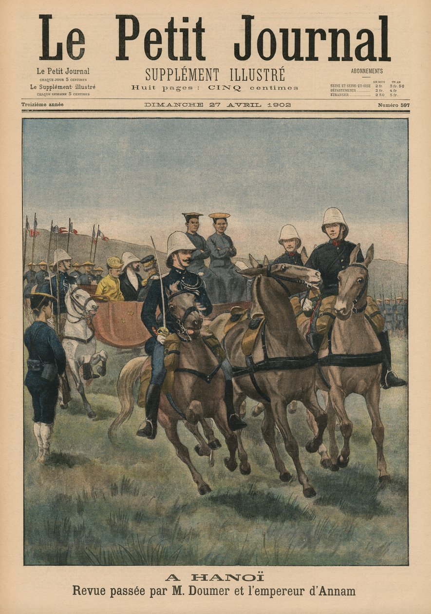 Militärparade von Paul Doumer, Generalgouverneur von Französisch-Indochina, und Kaiser von Annam, Thanh Thai, in Hanoi, Titelbildillustration aus Le Petit Journal, Supplement Illustre, 27. April 1902 von French School