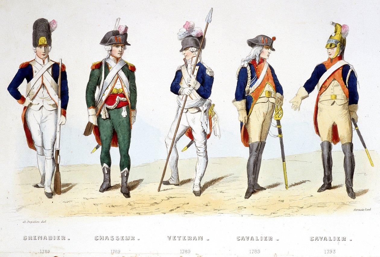 Militäruniform unter der Revolution 1789: Grenadier (1789), Jäger (1789), Veteran (1789), Reiter (1789), Reiter (1793) - in 