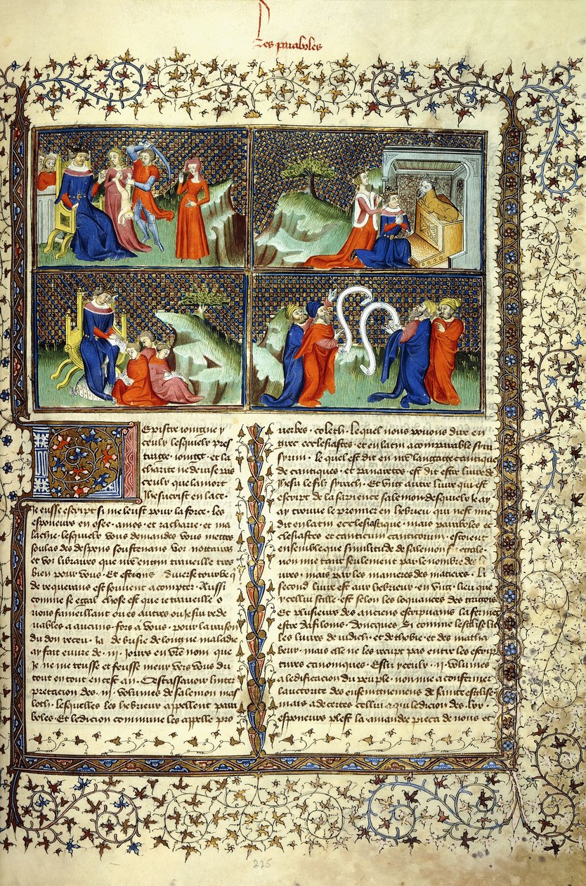 Miniatur, die das Urteil der Mütter, die Ankunft der Königin von Saba, Salomo lehrend und die Disputation der Doktoren illustriert, ca. 1410 von French School