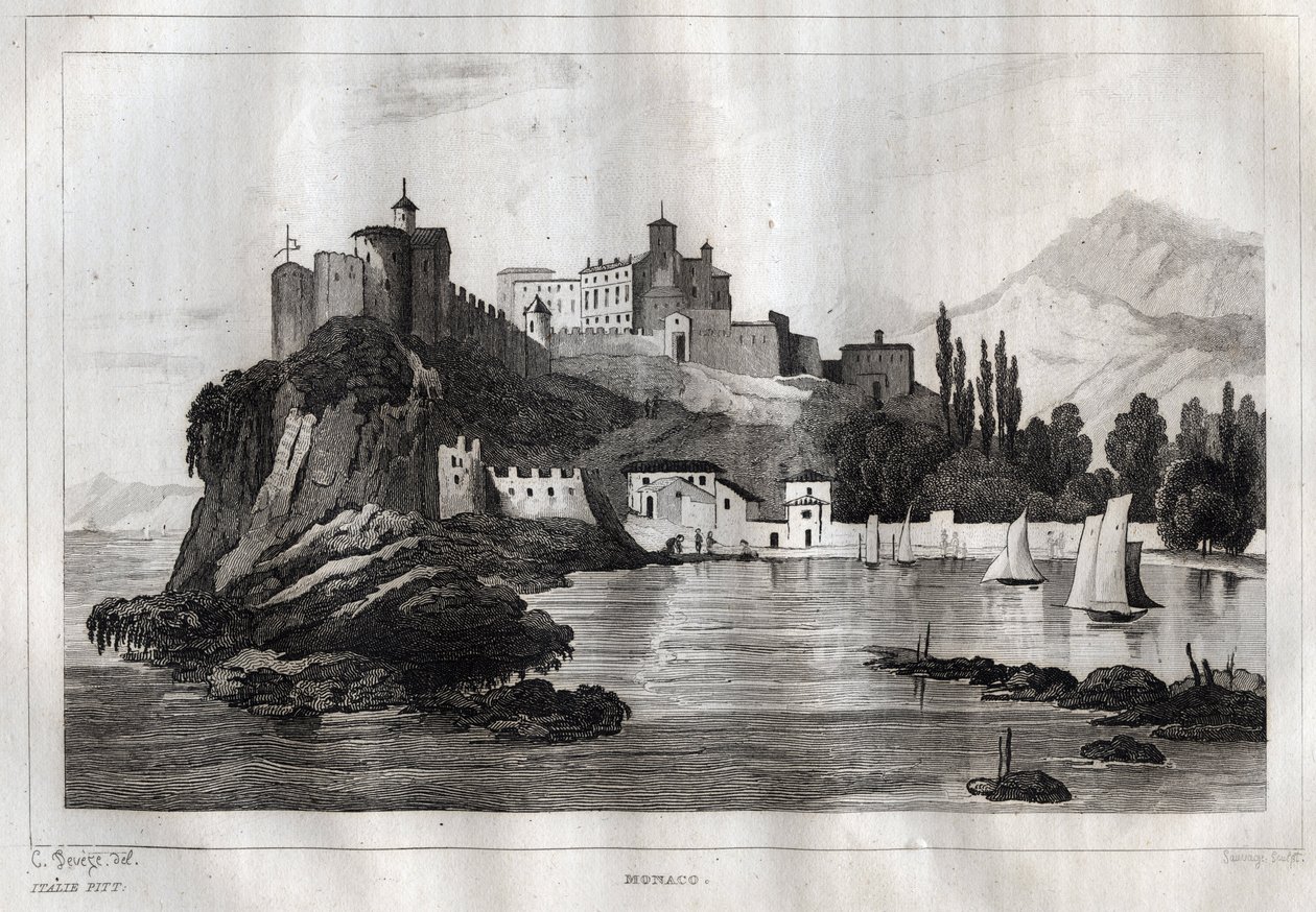 Monaco - Gravur aus „Italien pittoresk“ - Historische und beschreibende Darstellung von Italien von M. de Norvins, Ch. Nodier 1834-1836 von French School