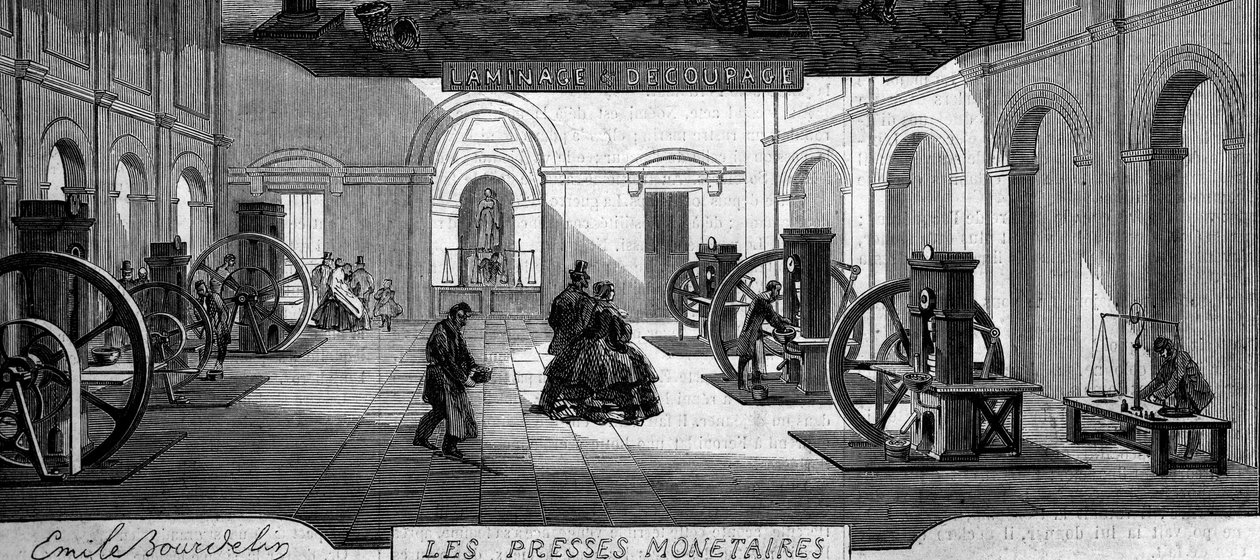 Geldherstellung: Werkstatt für Geldpressen. Gravur in „Le Monde Illustré“ Nr. 145 vom 21. Januar 1860. von French School