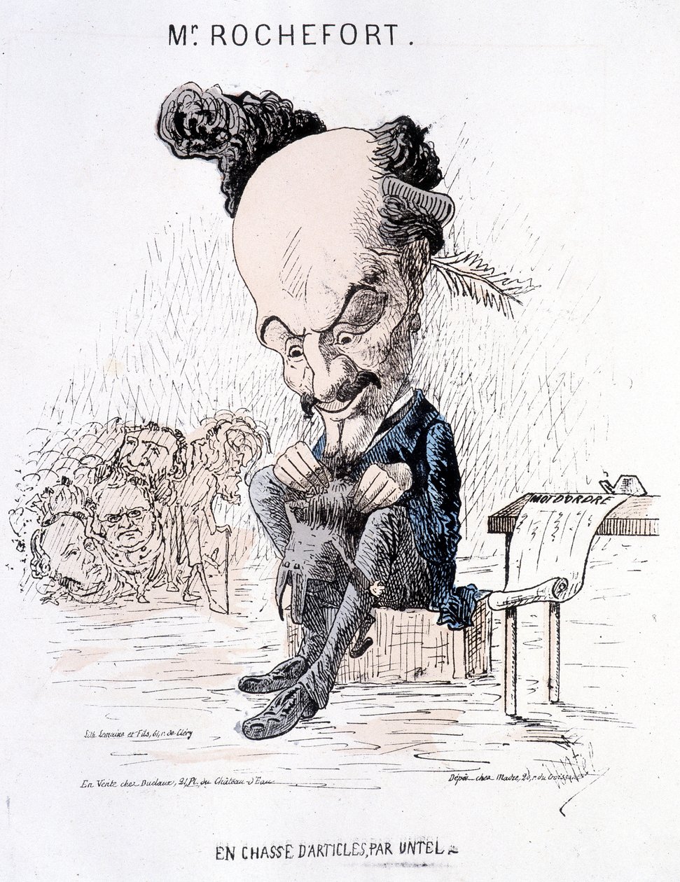 Monsieur Rochefort auf der Suche nach Artikeln von Untel. Karikatur über Rochefort und die Kommune. von French School