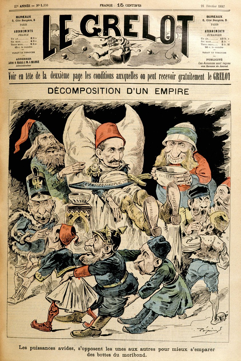 Sterbende Türkei und ausländische Mächte kämpfen um seine Stiefel, Umschlag „Le Grelot“ 21/2/1897 von French School