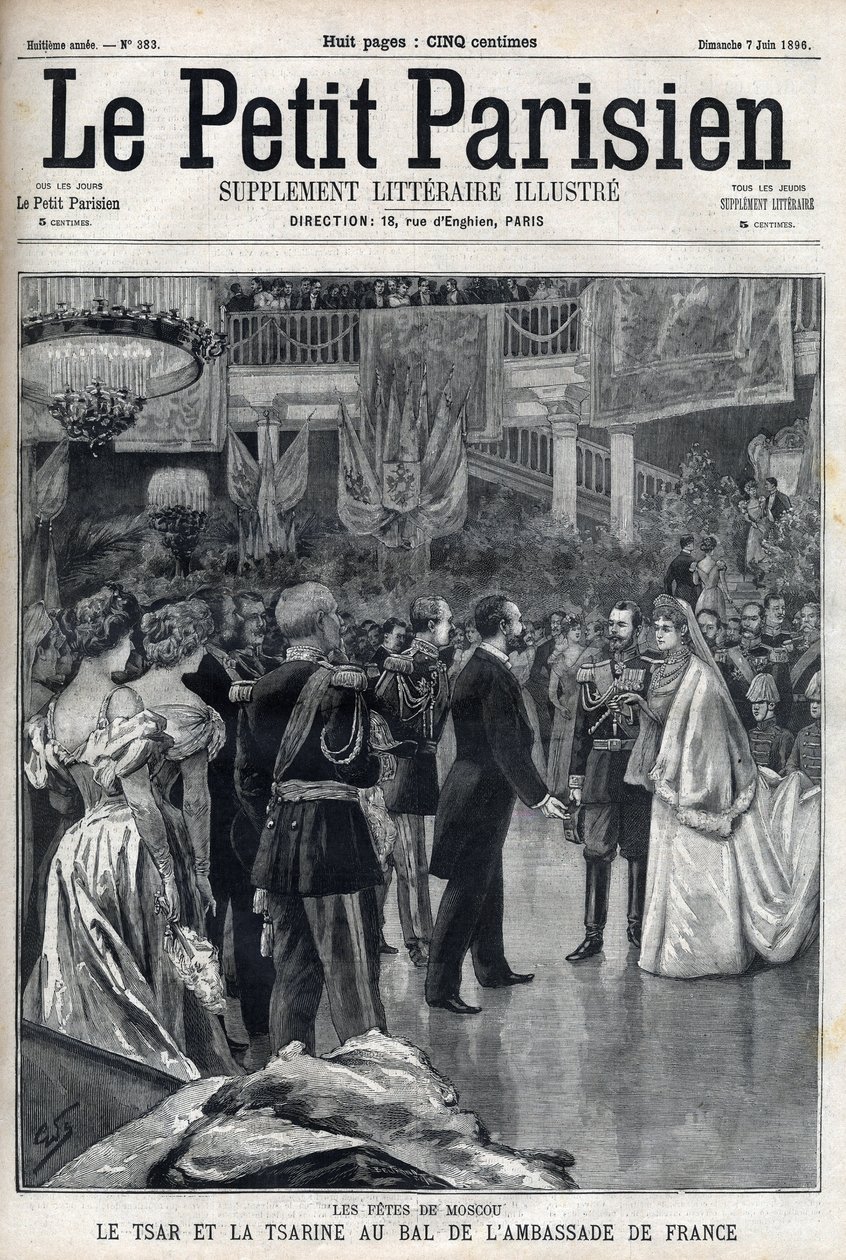 Feiern in Moskau: Zar Nikolaus II. von Russland (1868-1918) und Zarin Alexandra Fjodorowna Romanowa (1872-1918) beim Ball der französischen Botschaft, in "Le petit Parisien" von French School