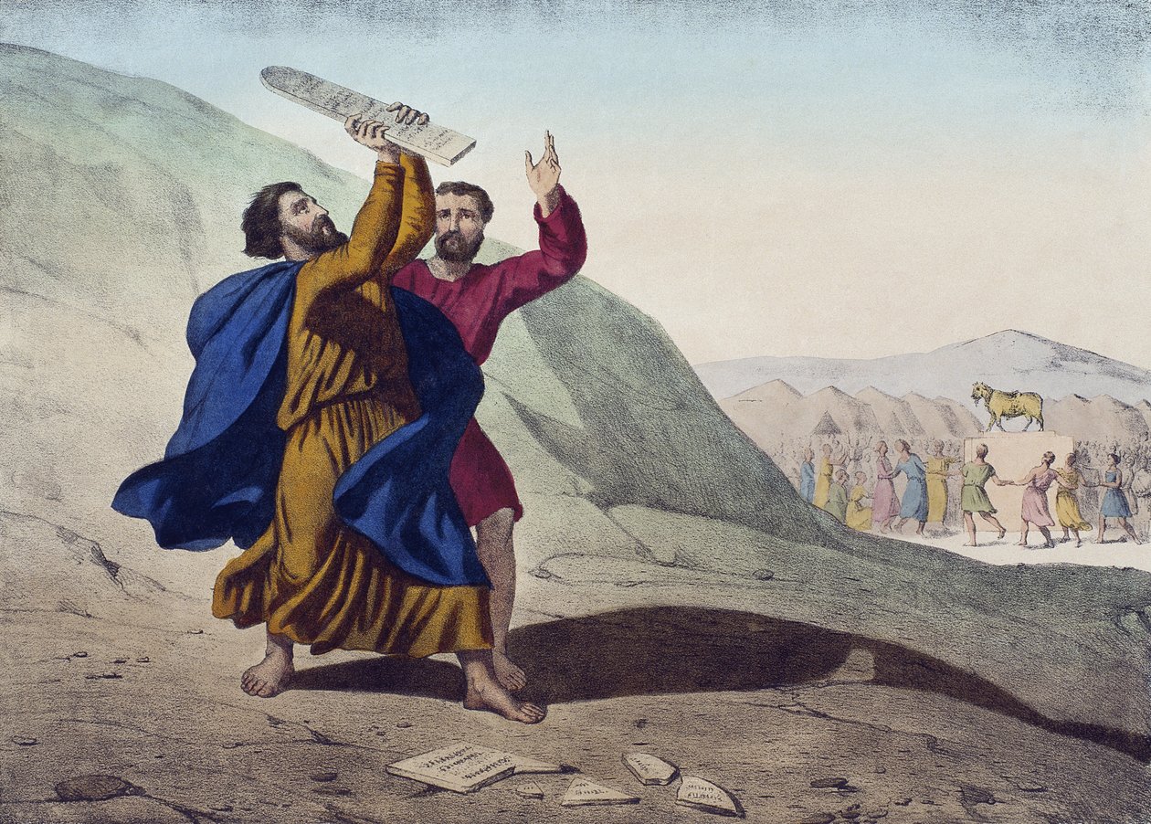 Moses zerbricht die Gesetzestafeln und die Anbetung des Goldenen Kalbs, Illustration aus einem Katechismus L