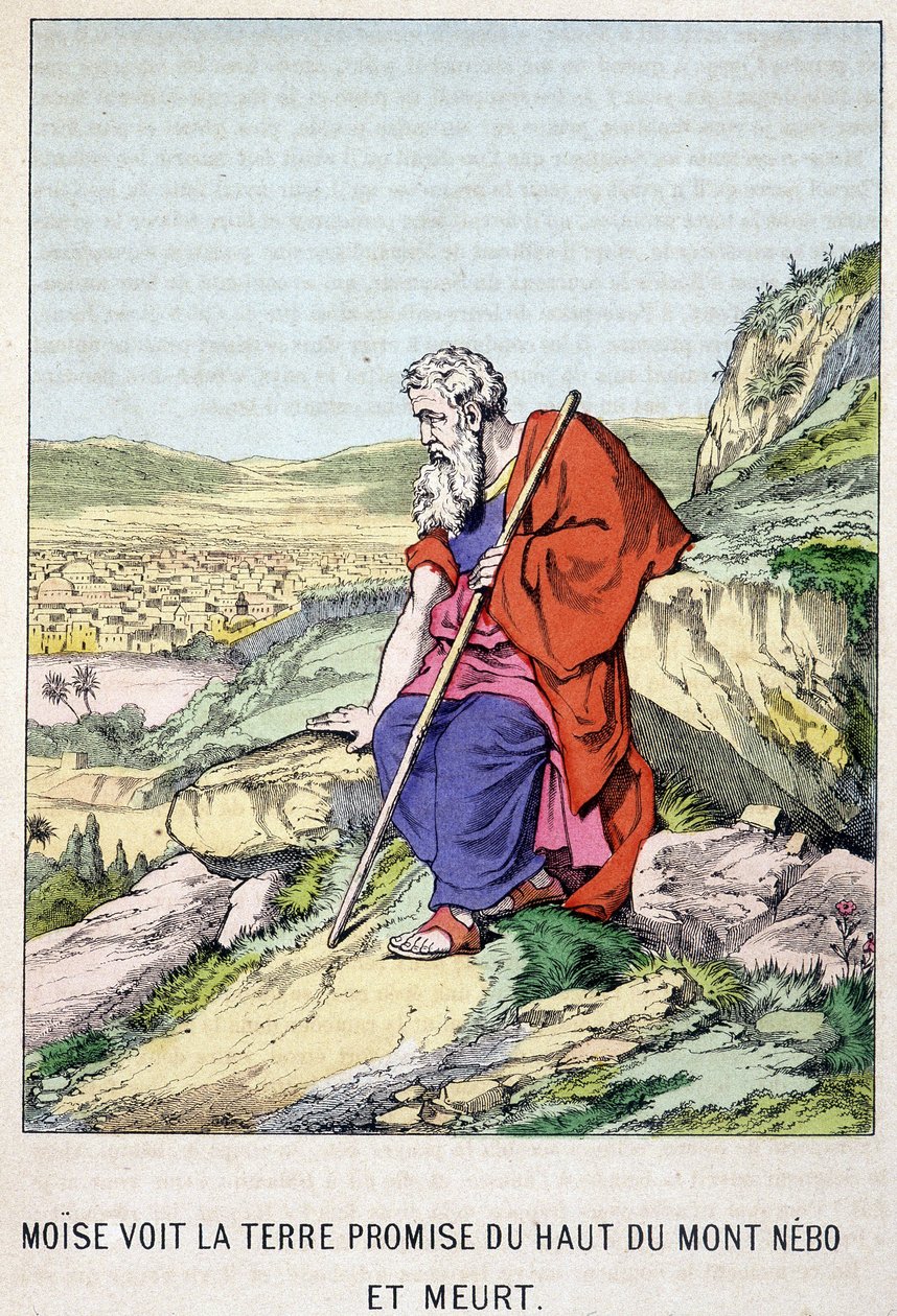 Moses sieht das gelobte Land vom Gipfel des Berges Nebo und stirbt - in „Das Leben des Moses“, hrsg. Olivier Pinot, Epinal, Ende des 19. Jahrhunderts von French School