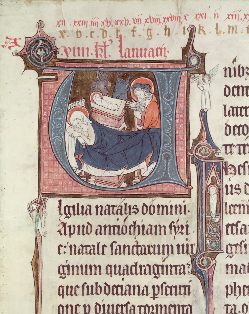 Ms.838 fol.55 Historisierte Initialen U und I, die die Geburt Christi ...