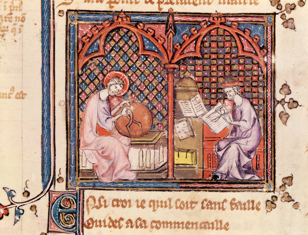 Ms 1044 Fol.16v Das Wort, Schöpfer der Welt und Der Autor schreibt sein Buch, aus Ovide Moralise geschrieben von Chretien Legouais von French School
