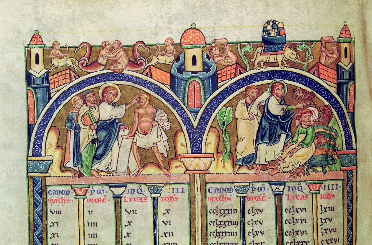 Kanon der Evangelisten, Detail (Christus heilt den Mann mit Wassersucht und vertreibt Dämonen aus einem Besessenen), aus einer lateinischen Bibel von French School