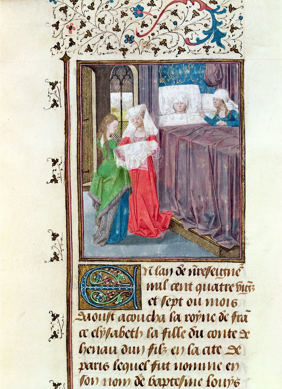 Die Geburt von Ludwig (1187-1226) im Jahr 1187, aus der Histoire des Nobles Princes de Hainaut, von Jacques de Guise von French School