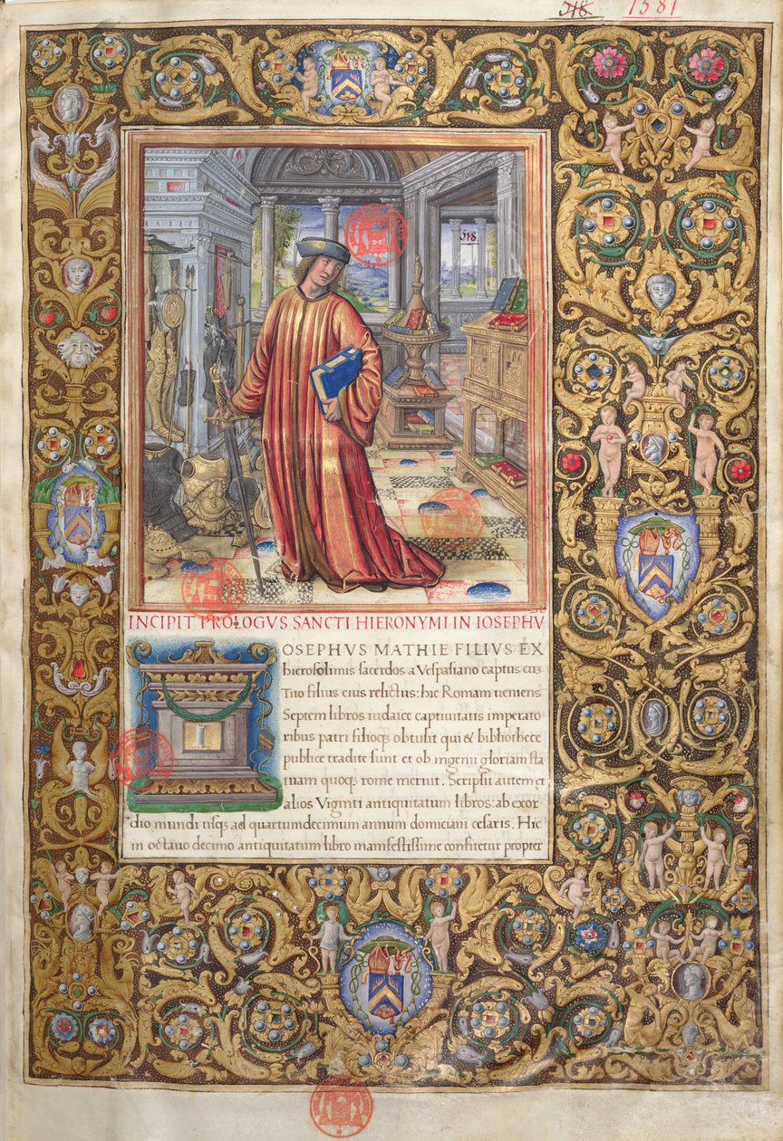 Ms. 1581 f. 001 Flavius Josephus in seinem Arbeitszimmer, Illustration für das Prolog der Antiquitates Judaicae von Flavius Josephus, ca. 1503 von French School