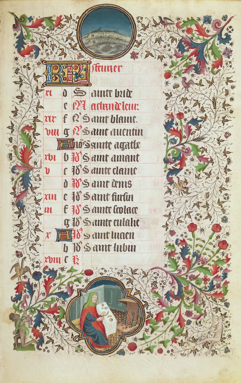Februar: Fische und ein Mann beim Festmahl, aus einem Stundenbuch, frühes 15. Jahrhundert von French School