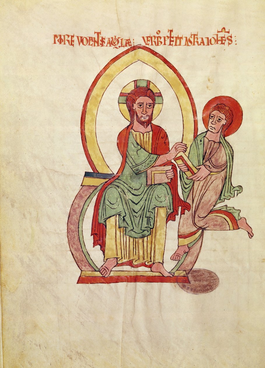 Heiliger Johannes läuft, um das Evangelium von Christus zu empfangen, Miniatur aus dem Evangelium von Saint-Michel-de-Cuxa von French School