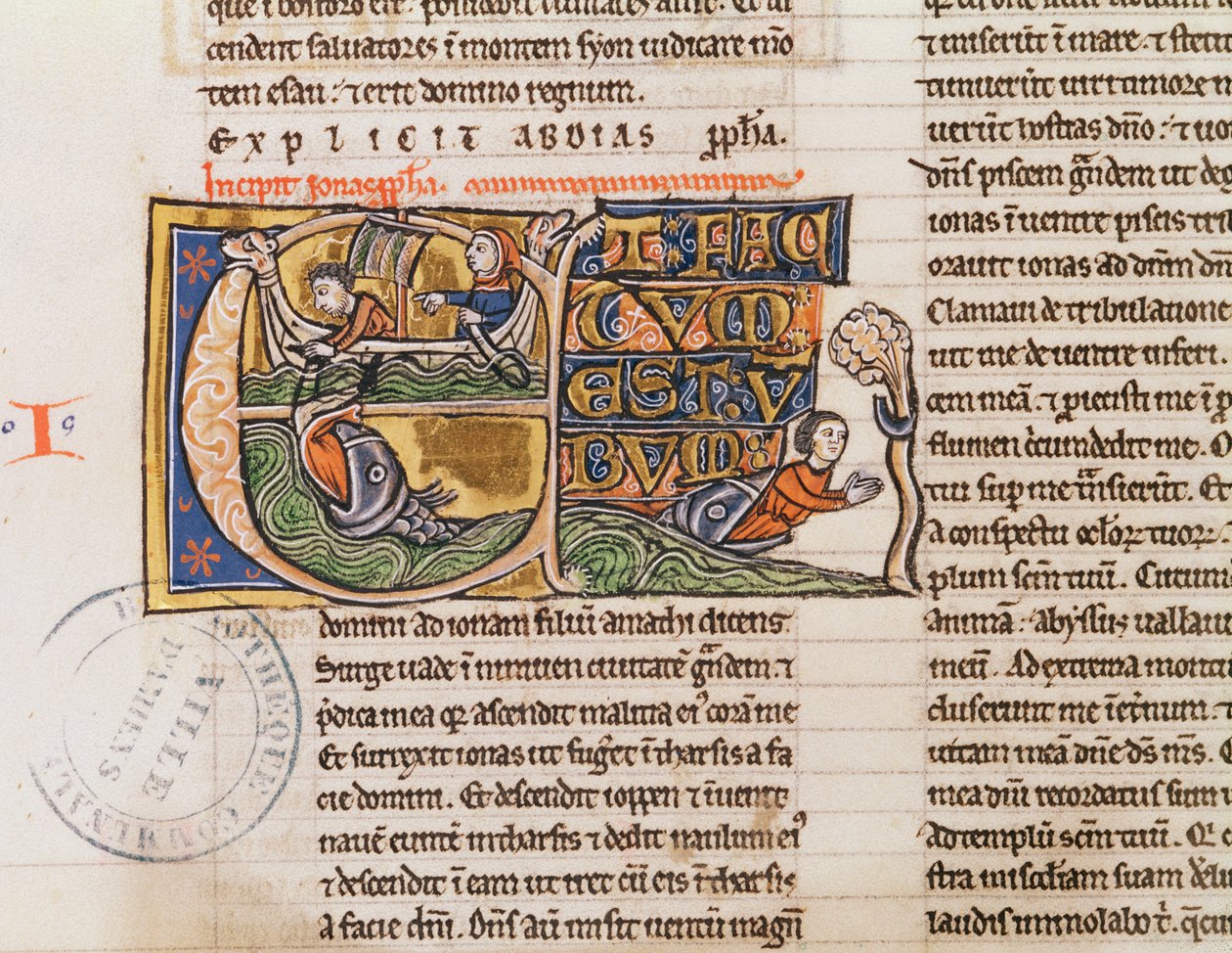 Historiierte Initiale E, die Jona zeigt, wie er ins Meer geworfen wird, aus einer nicht spezifizierten Bibel von French School