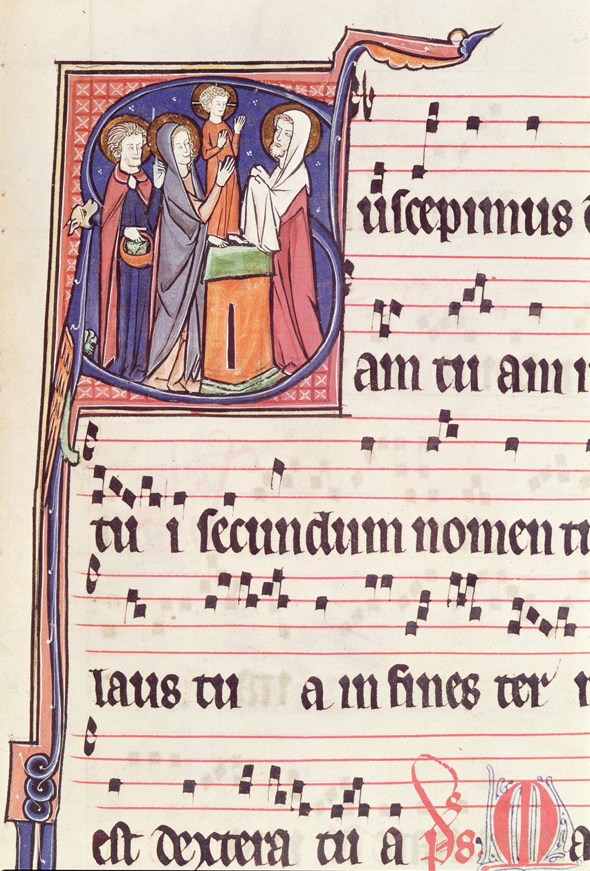 Ms 241 f.144 Historisierte Initiale S, die die Darstellung Jesu im Tempel zeigt, aus dem Antiphonar zur Weihe der Abteikirche von Vauclair, 1257 von French School