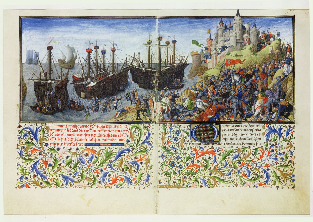 Ms 2617 Die Burg der Amazonen wird von Theseus, Herzog von Athen, belagert, aus La Teseida, von Giovanni Boccaccio (1313-75) 1340-41 von French School