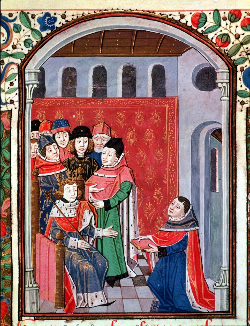 Ms 3045 fol.1 Jean de Meung (1240-1305) bietet seine Übersetzung Philippe le Bel (1268-1314) an, aus De Consolatione Philosophiae von Boethius von French School