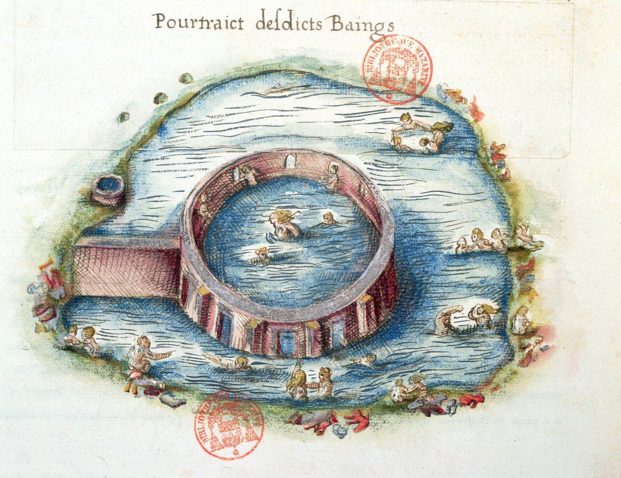 Die Bäder von Bourbon-Lancy, Illustration aus Generale Description du Bourbonnais von Nicolas de Nicolay, 1569 von French School