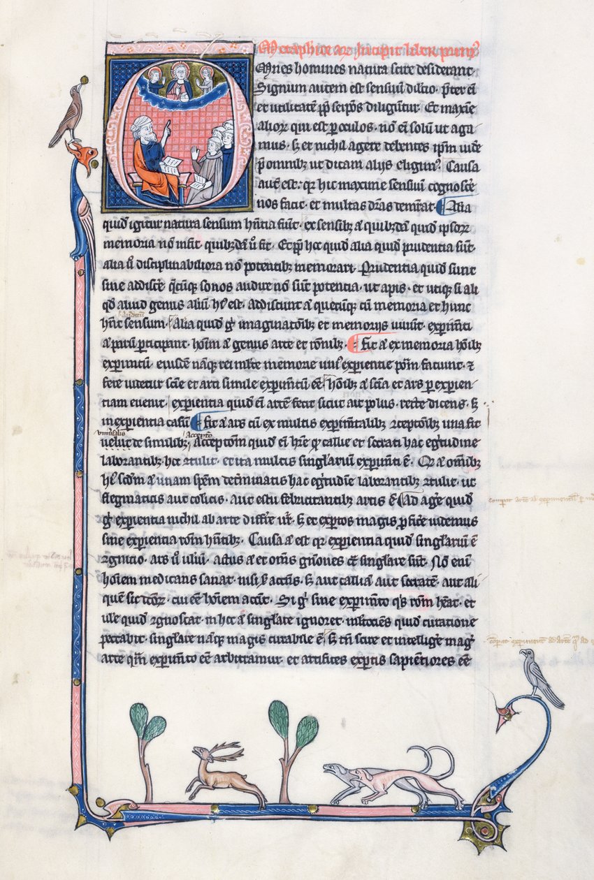 Ms 3458, historiierte Initiale O, die den antiken griechischen Philosophen Aristoteles zeigt, wie er einer Gruppe von Klerikern aus Westeuropa lehrt und nach oben zu Gott im Himmel zeigt (Feder & Tinte und Tempera) von French School