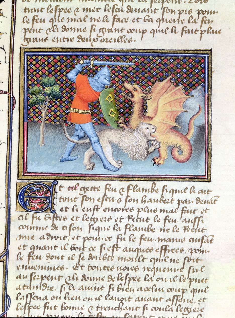 Ms 3480 Yvain, der Ritter mit dem Löwen, kämpft gegen einen Drachen, Miniatur aus Roman de Lancelot von French School