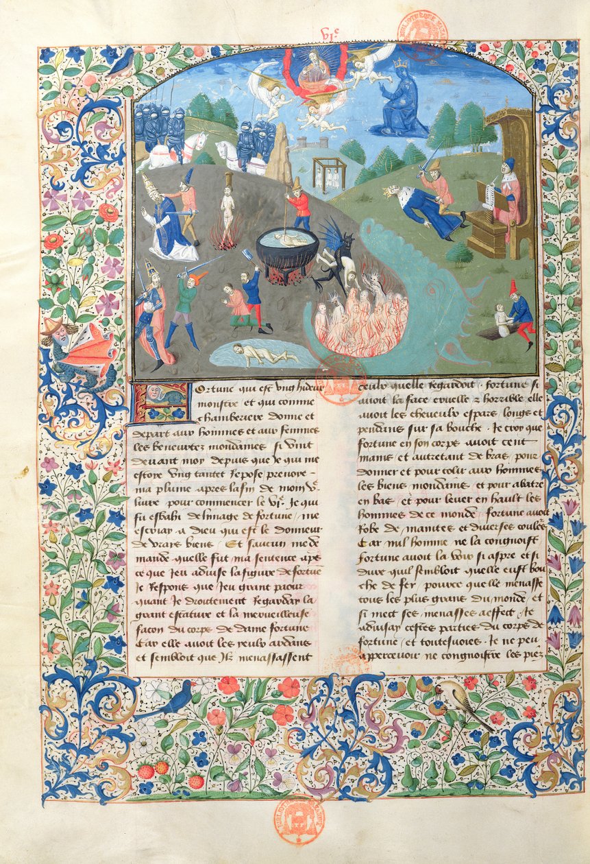 Ms 3878 Szenen von Schlacht, Tötung und Hölle aus De Casibus Virorum Illustrium von Giovanni Boccaccio von French School