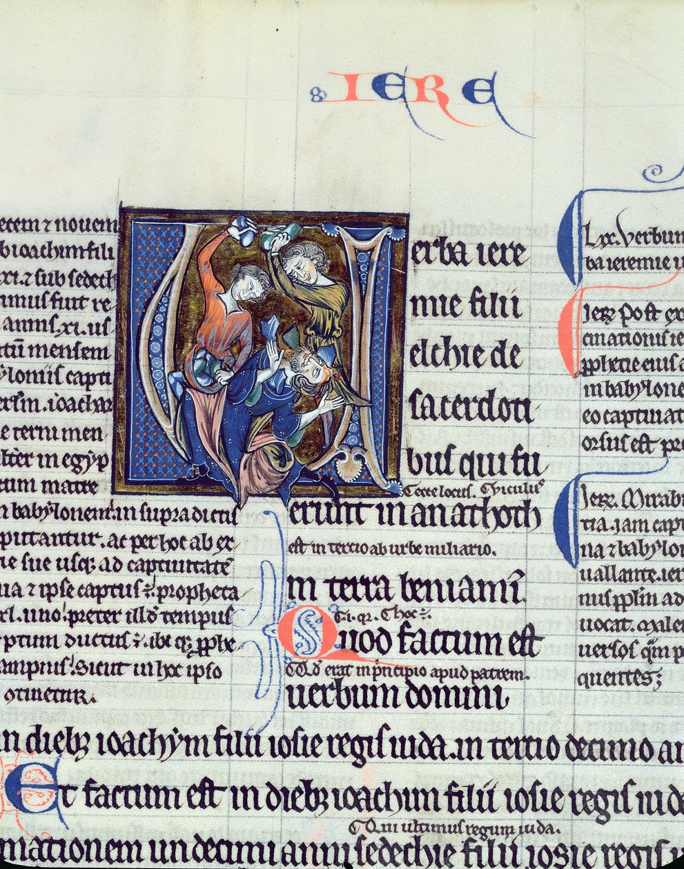 Ms 48 fol.95v Historisierte Initiale V, die die Steinigung des Propheten Jeremia zeigt von French School