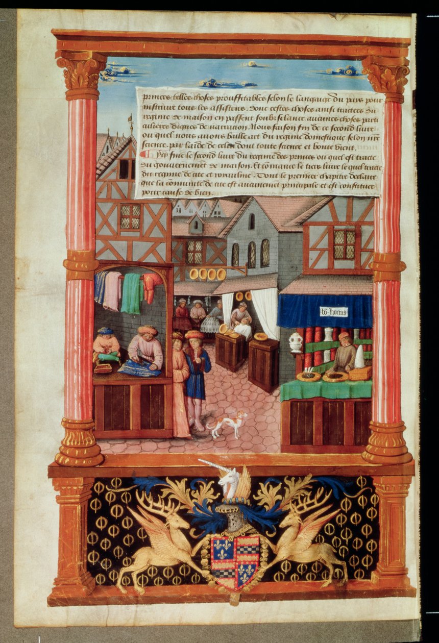Ms 5062 fol.149v Eine Straße mit Geschäften und dem Wappen von Robert Stuart, Marschall von d
