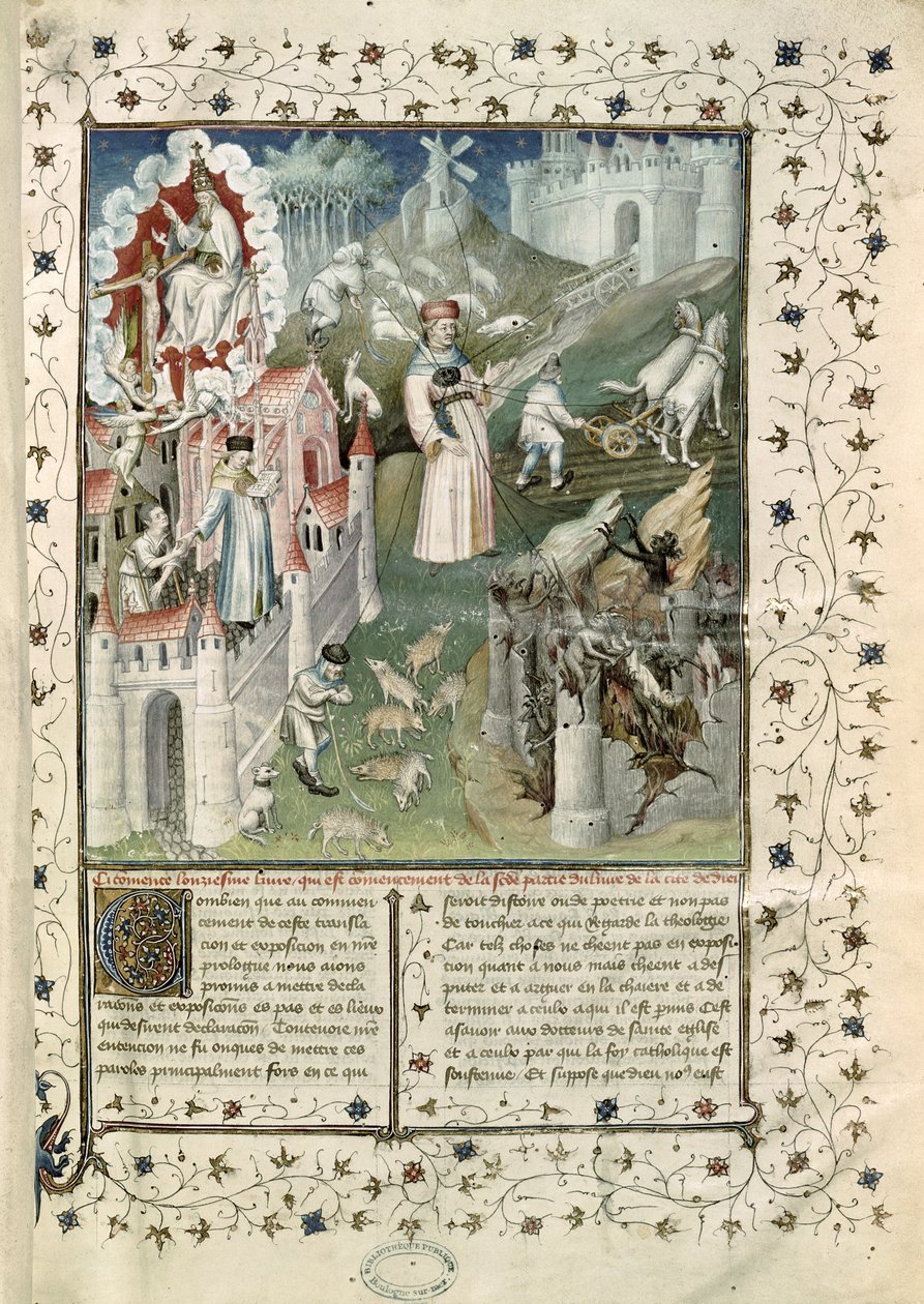 Ms 55 t.2 fol.3 Die Stadt Gottes, die Stadt Caen und die Stadt der Laster, aus La Cite de Dieu von St. Augustinus von Hippo (354-430) übersetzt von Raoul de Preles (1316-82) von French School