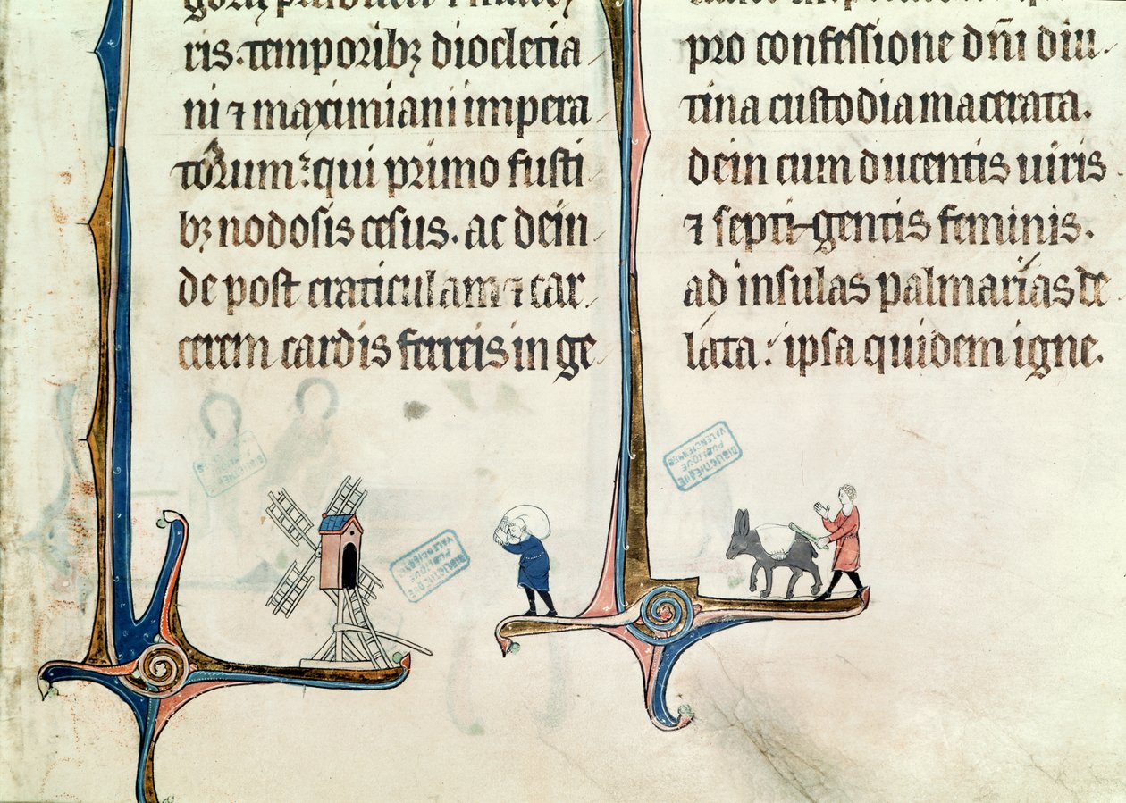 Ms 838 fol.55 Ein Mann, der seinen Esel mit Säcken Weizen zu einer Windmühle treibt, aus dem Obituaire de Notre Dame de Pres, nach 1270 von French School