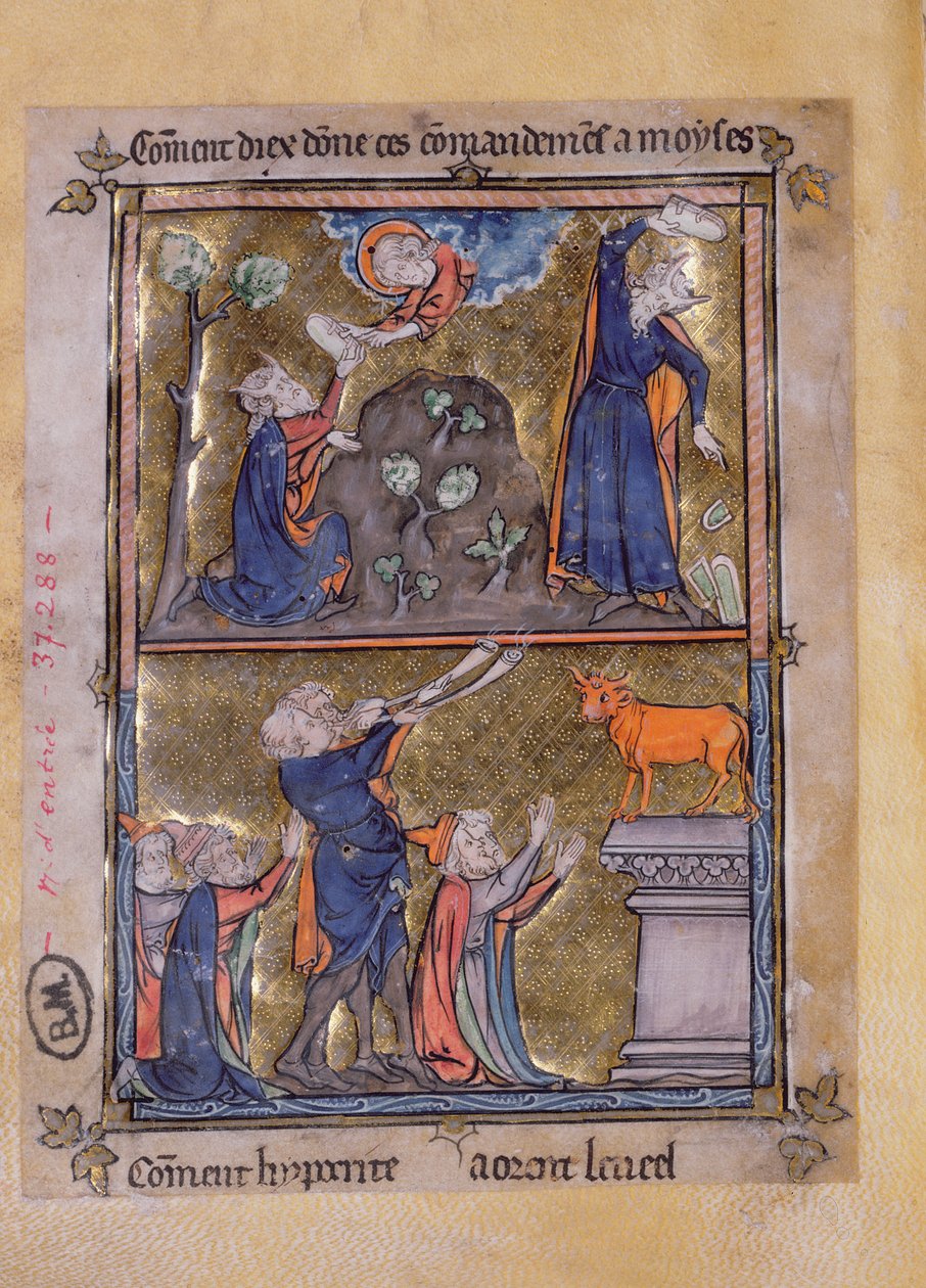 Moses auf dem Berg Sinai und Moses und das Goldene Kalb, aus La Somme le Roy von Frere Laurent, illuminiert von Maitre Honore von French School