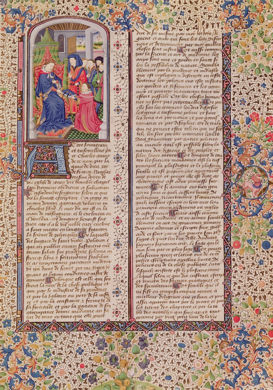 Ms 927 Fol.186 Präsentation der Politik an den König, aus Ethik, Politik und Ökonomie von Aristoteles (384-322 v. Chr.) von French School