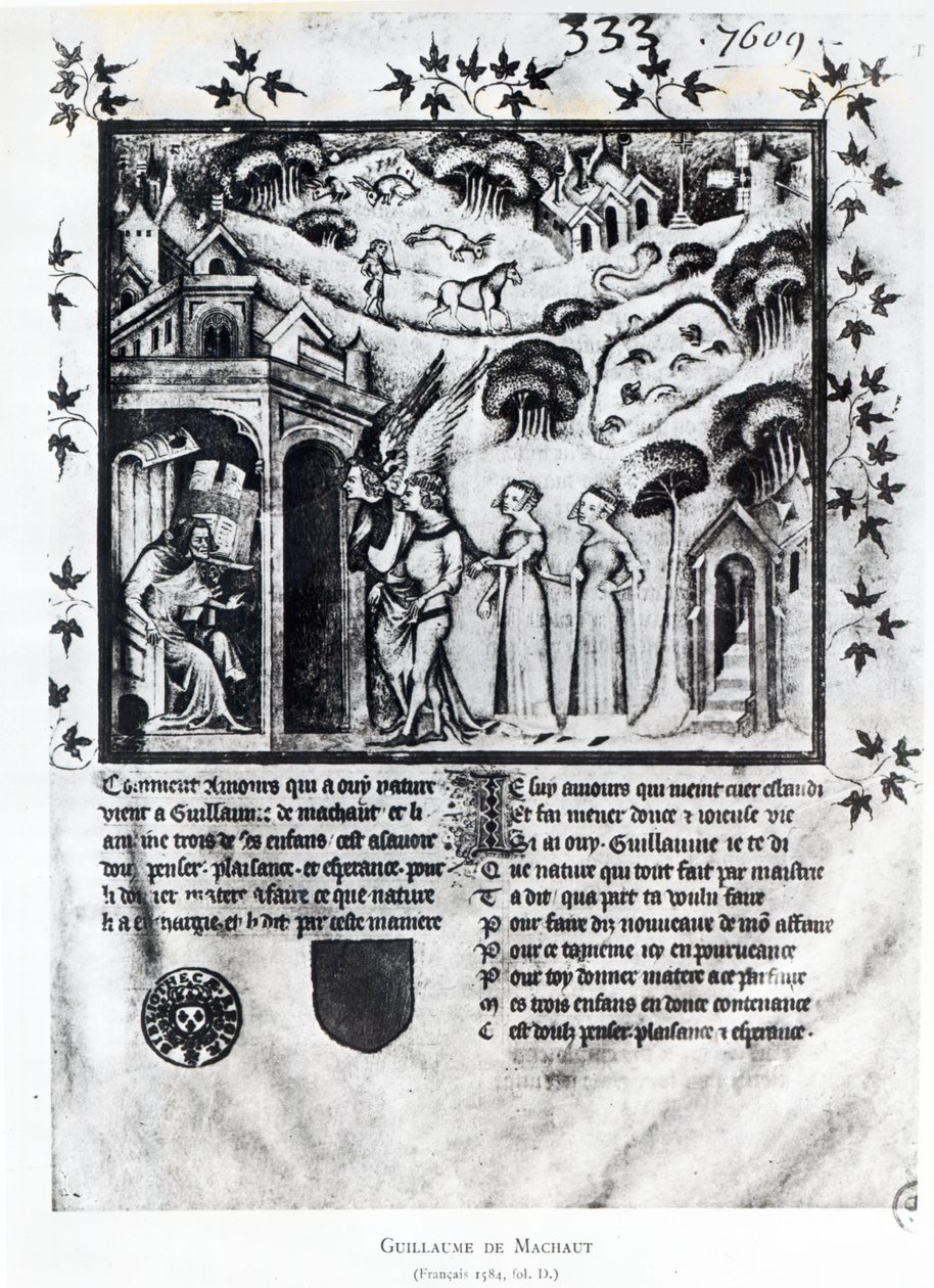 Der Autor empfängt die Liebe, die ihm süße Gedanken, Vergnügen und Hoffnung bringt, ca. 1370 von French School