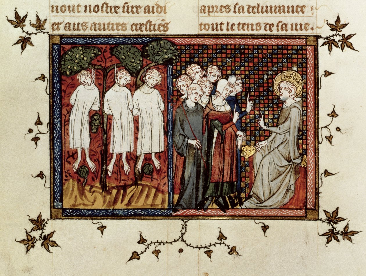 St. Louis spricht das Urteil und verurteilt Enguerrand de Coucy (1228-1311) für das Erhängen von drei jungen Adligen, aus Leben und Wunder des St. Louis, ca. 1330-40 von French School