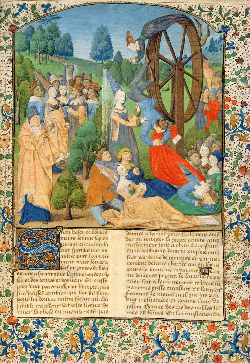 Ms Hunter 371 f.1r Dame Fortuna und Opfer, die von ihrem Rad fallen, aus Boccaccios 