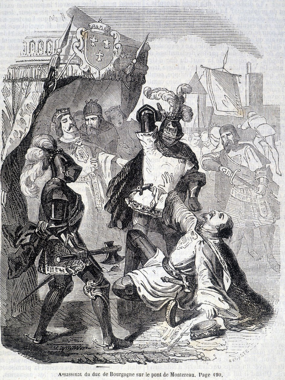 Mord am Herzog von Burgund (Jean sans peur) auf der Brücke von Montereau im Jahr 1419 - in „Histoire de France“ von L.-P. Anquetil von French School