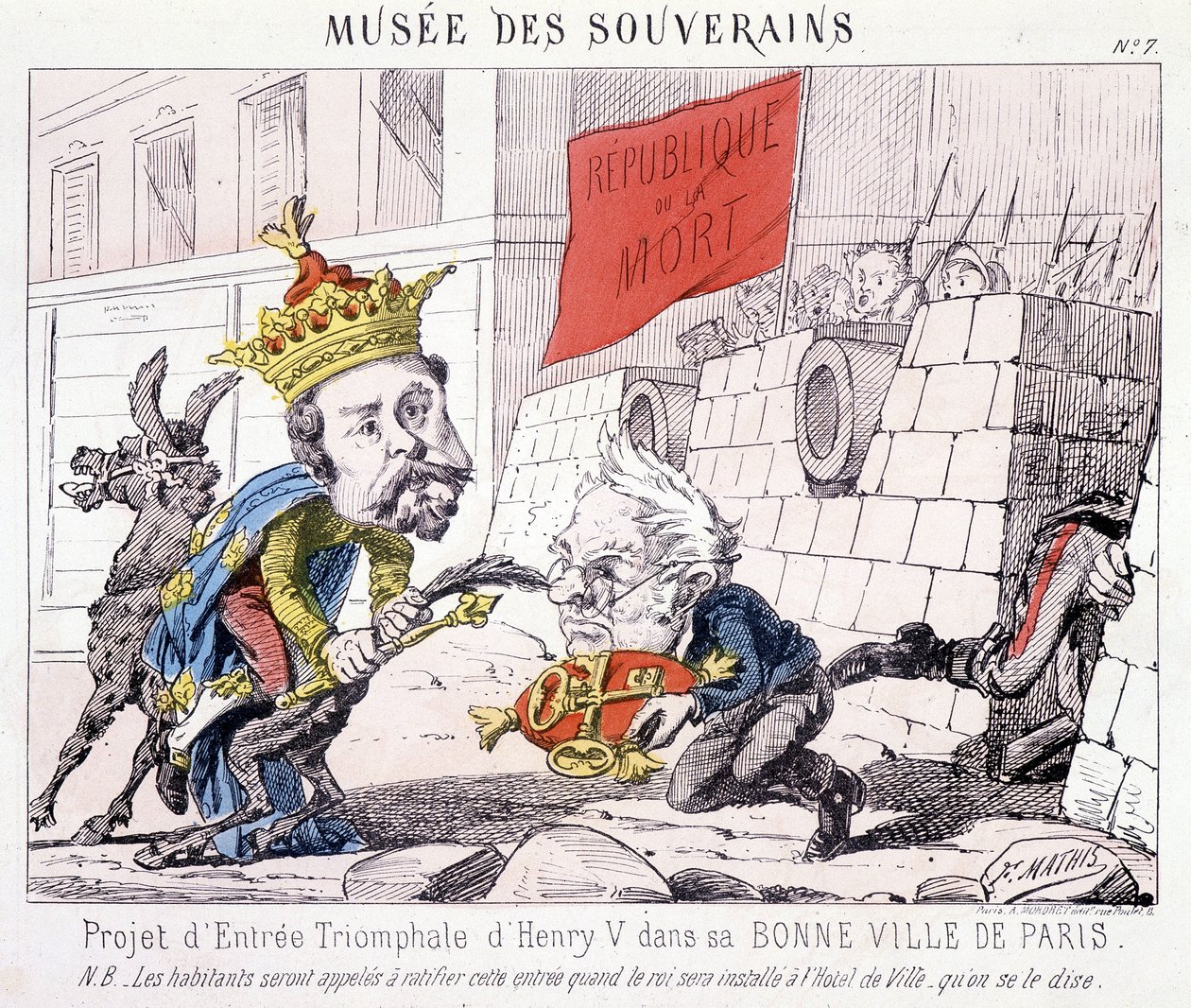 Musée des Souverains - Projekt für den triumphalen Einzug von Henri V in seine gute Stadt Paris (Thiers überreicht ihm die Schlüssel von Paris, verteidigt von Bürgern, die eine Fahne mit der Aufschrift „République ou la mort“ schwenken). von French School