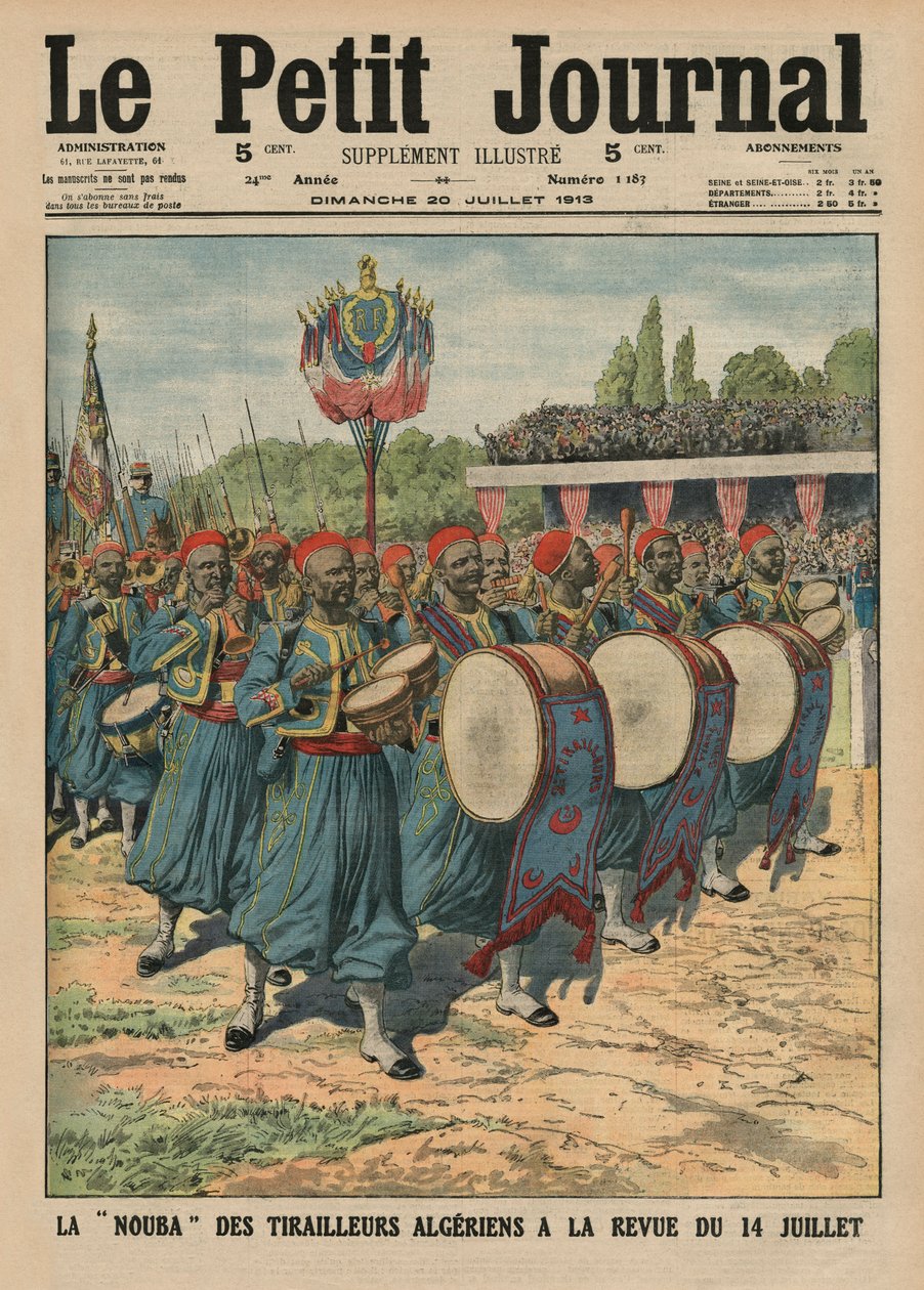 Musikalische Abteilung der algerischen Infanteristen bei der Parade der Überprüfung am 14. Juli, Titelbildillustration aus 