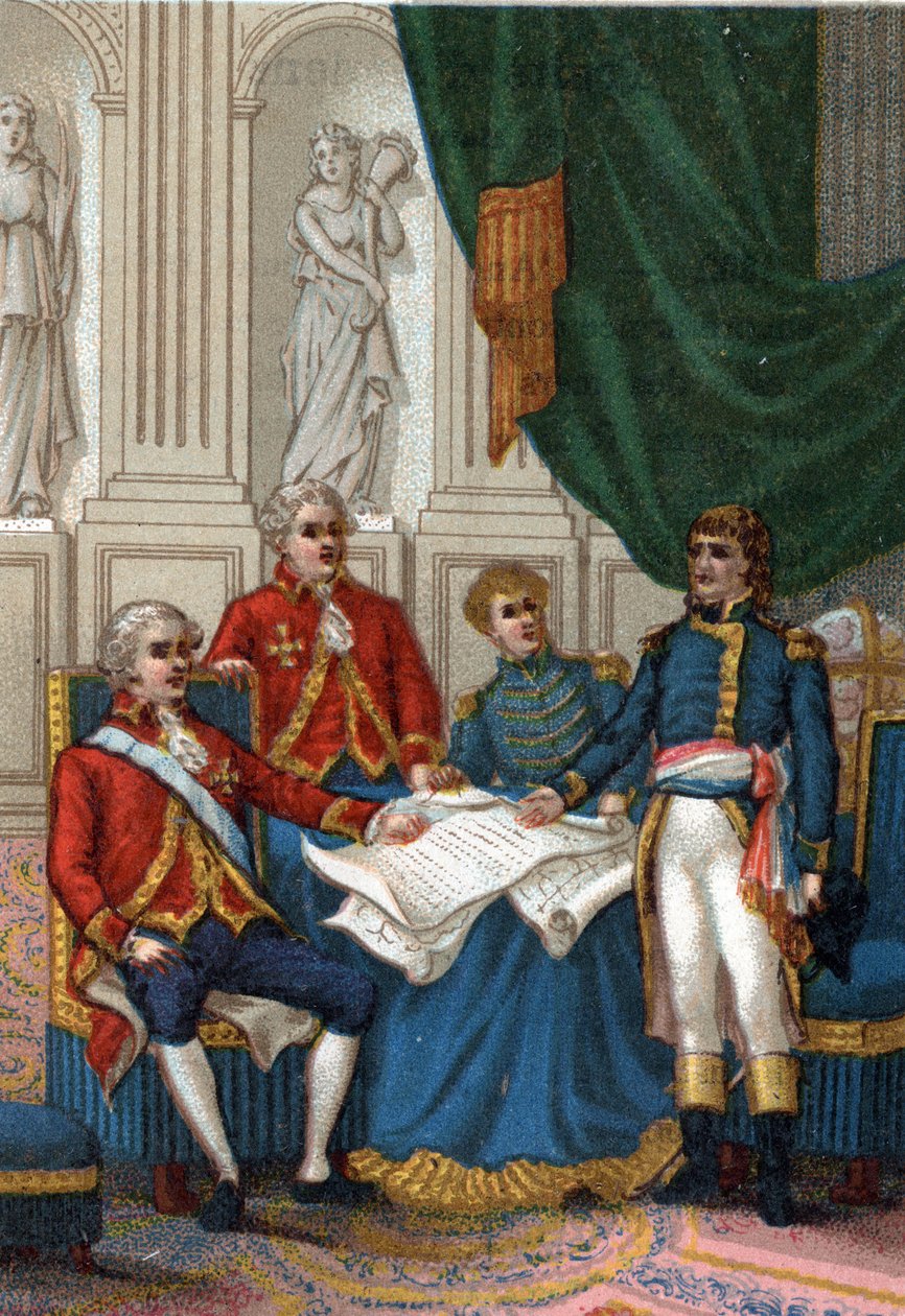 Napoleon Bonaparte in Amiens am 25. März 1802, England und Frankreich unterzeichneten einen Friedensvertrag, der die zweite europäische Koalition gegen Frankreich beendete. (Der Frieden von Amiens, 25. März 1802) von French School