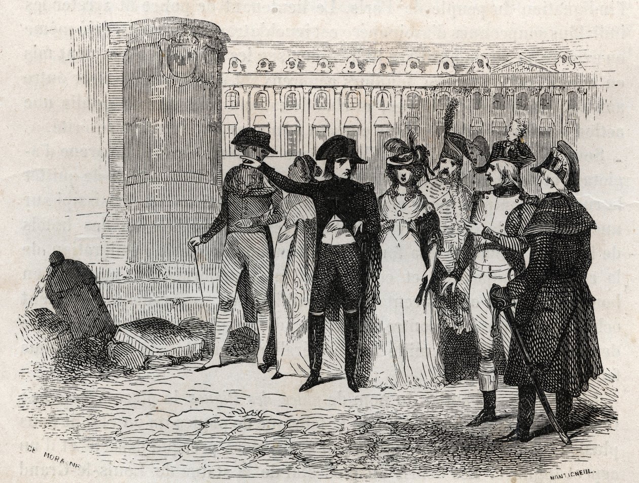 Napoleon spaziert mit Madame Tallien, geborene Theresa Cabarrus, Prinzessin von Caraman, Prinzessin von Caraman Chimay (1773-1835) Place Vendôme in Paris - Gravur in „Les rues de Paris“. Altes und modernes Paris: Ursprünge, Geschichte, Denkmäler, Kostüme,  von French School