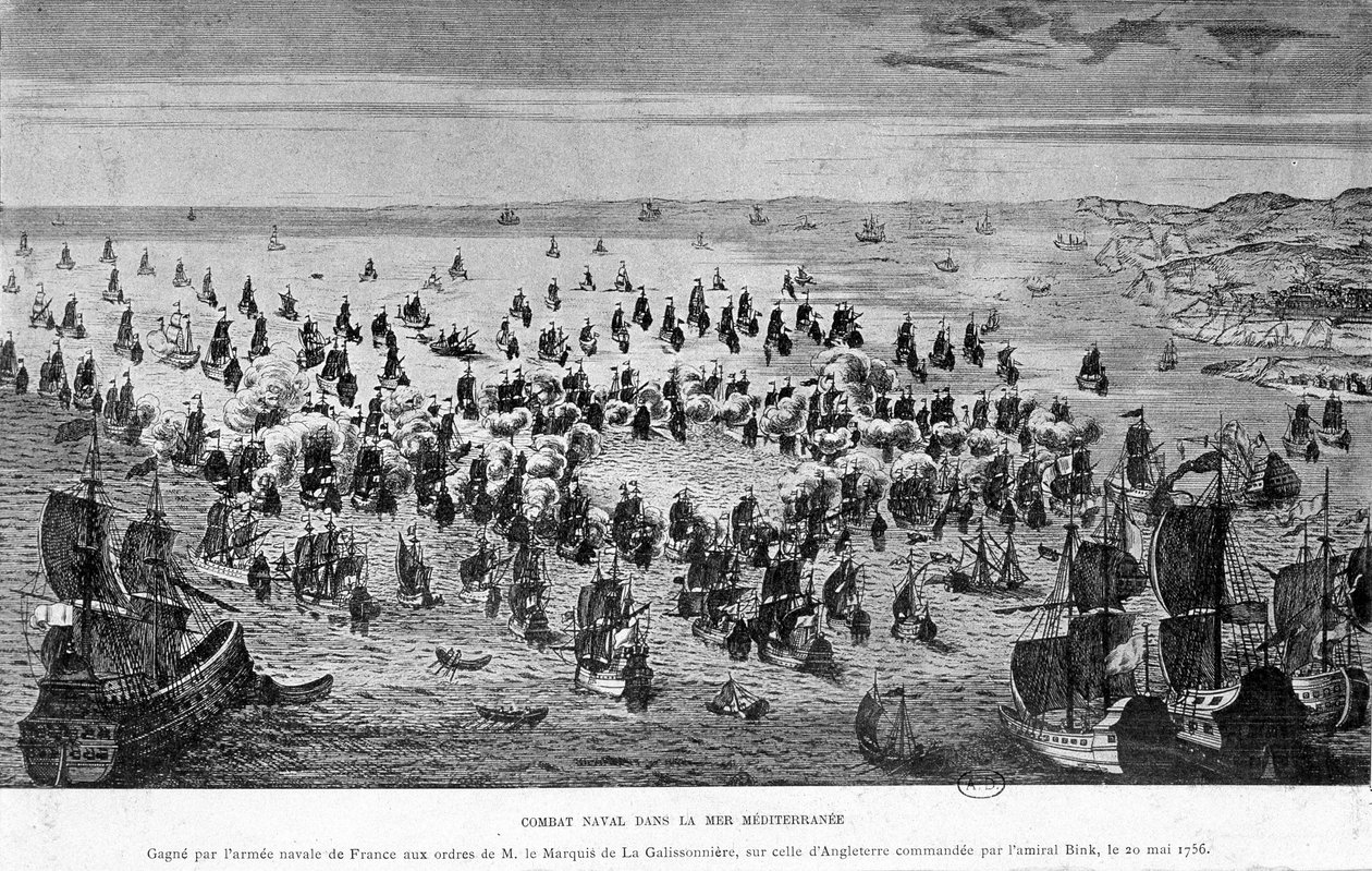 Seeschlacht im Mittelmeer, gewonnen von der französischen Marine unter dem Kommando des Marquis de La Galissonnière, über die englische Flotte unter dem Kommando von Admiral Bink, 20. Mai von French School