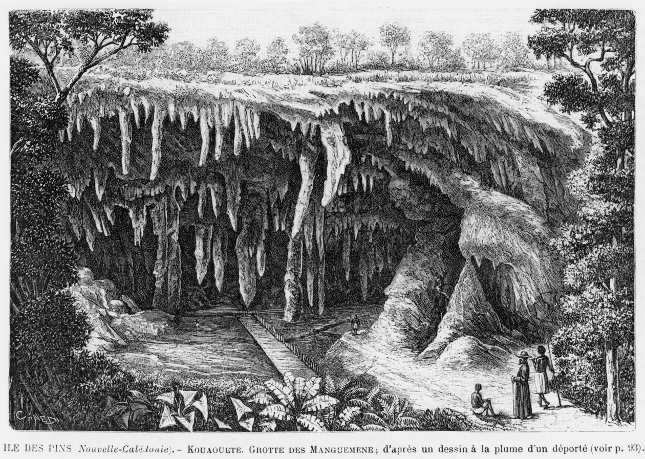 Neukaledonien, Isle of Pines, Kouaouete, Manguemene-Grotte, Illustration aus dem Bulletin Les Missions Catholiques, nach einer Federzeichnung eines Deportierten, 1893 von French School